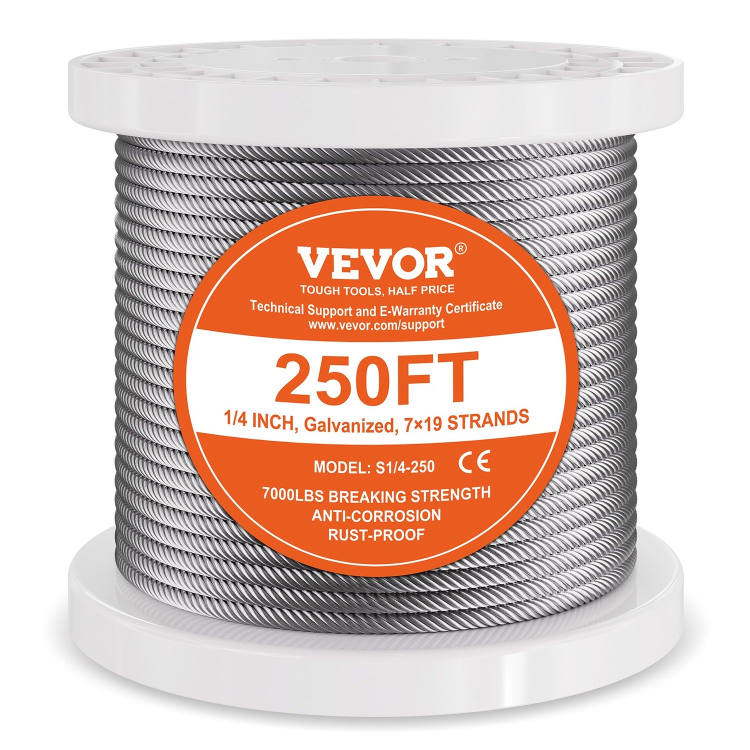 VEVOR Carbon Steel Cable 6.35 mm 7 x 19 Steel Wire Rope 76.2 m Cable Railing