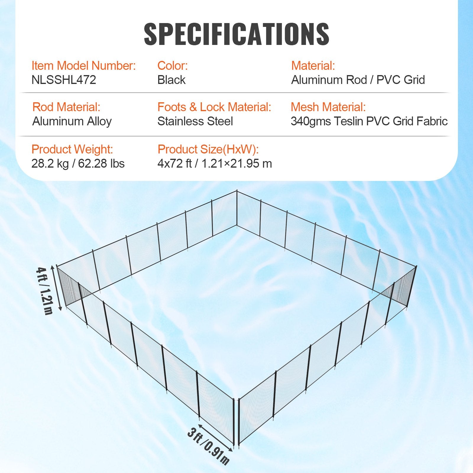 VEVOR Pool Fence, 4 x 72 FT Pool Fences for Inground Pools, Removable Child Safety Pool Fencing, Easy DIY Installation Swimming Pool Fence, 340gms Teslin PVC Pool Fence Mesh Protects Kids and Pets