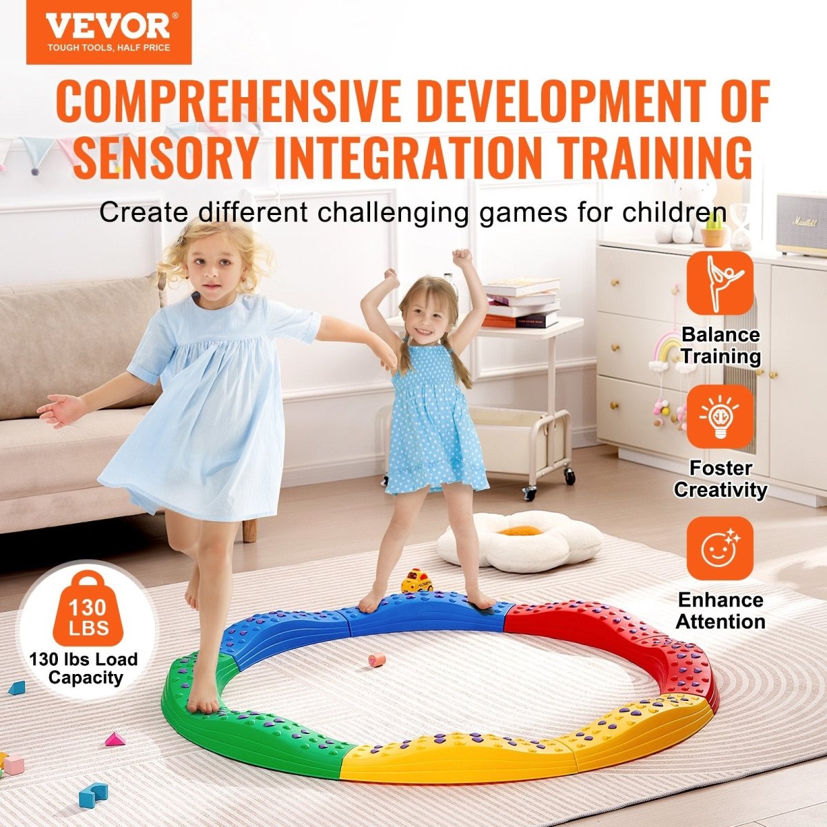 VEVOR Balance Beam Stepping Stones, 8 PCS Toddler Balance Boards Non - Slip Textured Surface & Rubber Pads, Montessori Toy for Kids 2 - 6, Build Coordination and Gross Motor Skills, Indoor or Outdoor Play