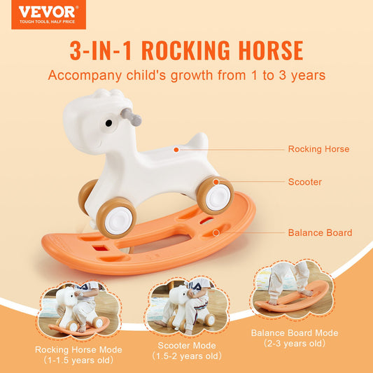 VEVOR 3 in 1 Rocking Horse for Toddlers 1-3 Years, Baby Rocking Horse with Detachable Balance Board and 4 Smooth Wheels, Support up to 80 lbs HDPE Material Kids Ride on Toy, Swinging, Orange - ToyChest.au