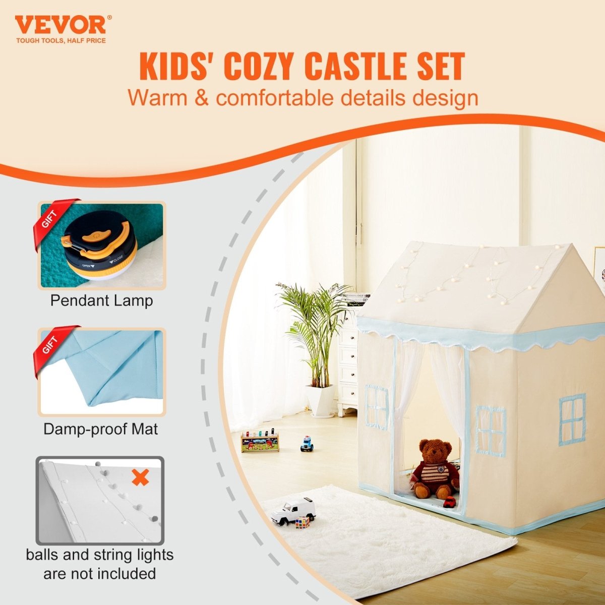 VEVOR Kids Play Tent, Kids Tent for Kids 1 - 5 Years Old, Toddler Tent with Mat and Tent Lamp, Tent for Kids with Windows for Indoor and Outdoor, Play House Castle Tent for Boys and Girls, Beige