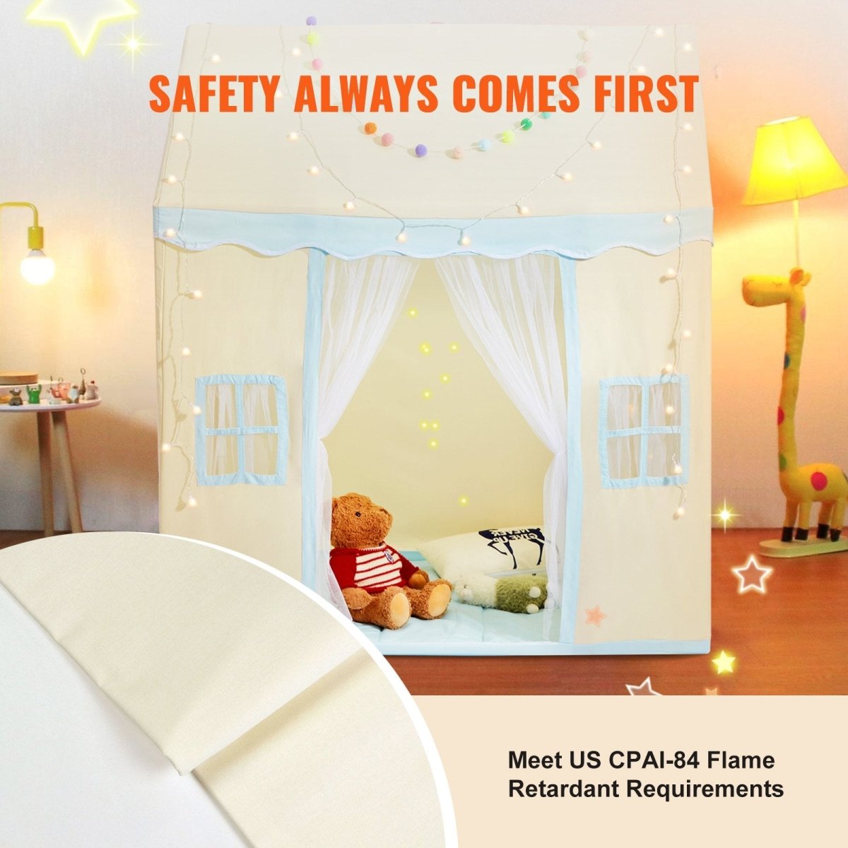 VEVOR Kids Play Tent, Kids Tent for Kids 1 - 5 Years Old, Toddler Tent with Mat and Tent Lamp, Tent for Kids with Windows for Indoor and Outdoor, Play House Castle Tent for Boys and Girls, Beige
