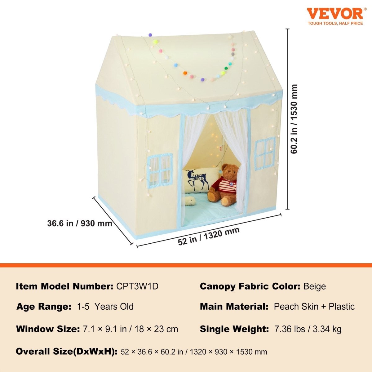 VEVOR Kids Play Tent, Kids Tent for Kids 1 - 5 Years Old, Toddler Tent with Mat and Tent Lamp, Tent for Kids with Windows for Indoor and Outdoor, Play House Castle Tent for Boys and Girls, Beige