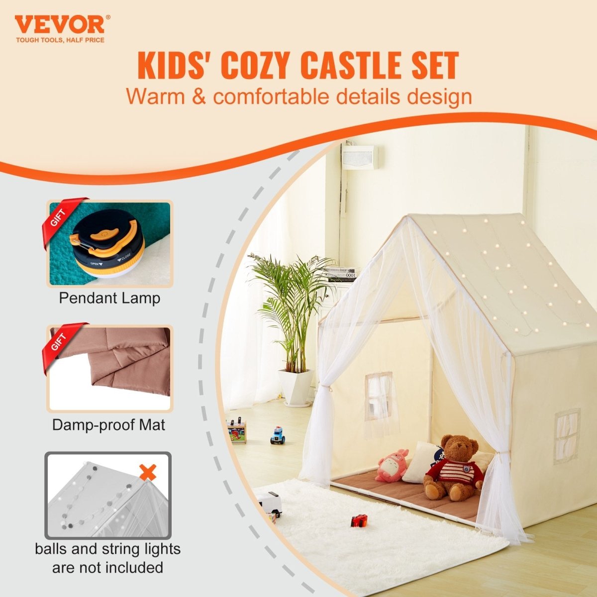VEVOR Kids Play Tent, Kids Tent for Kids 1 - 5 Years Old, Toddler Tent with Mat and Tent Lamp, Tent for Kids with Windows for Indoor and Outdoor, Yurt Tent for Boys and Girls, Beige