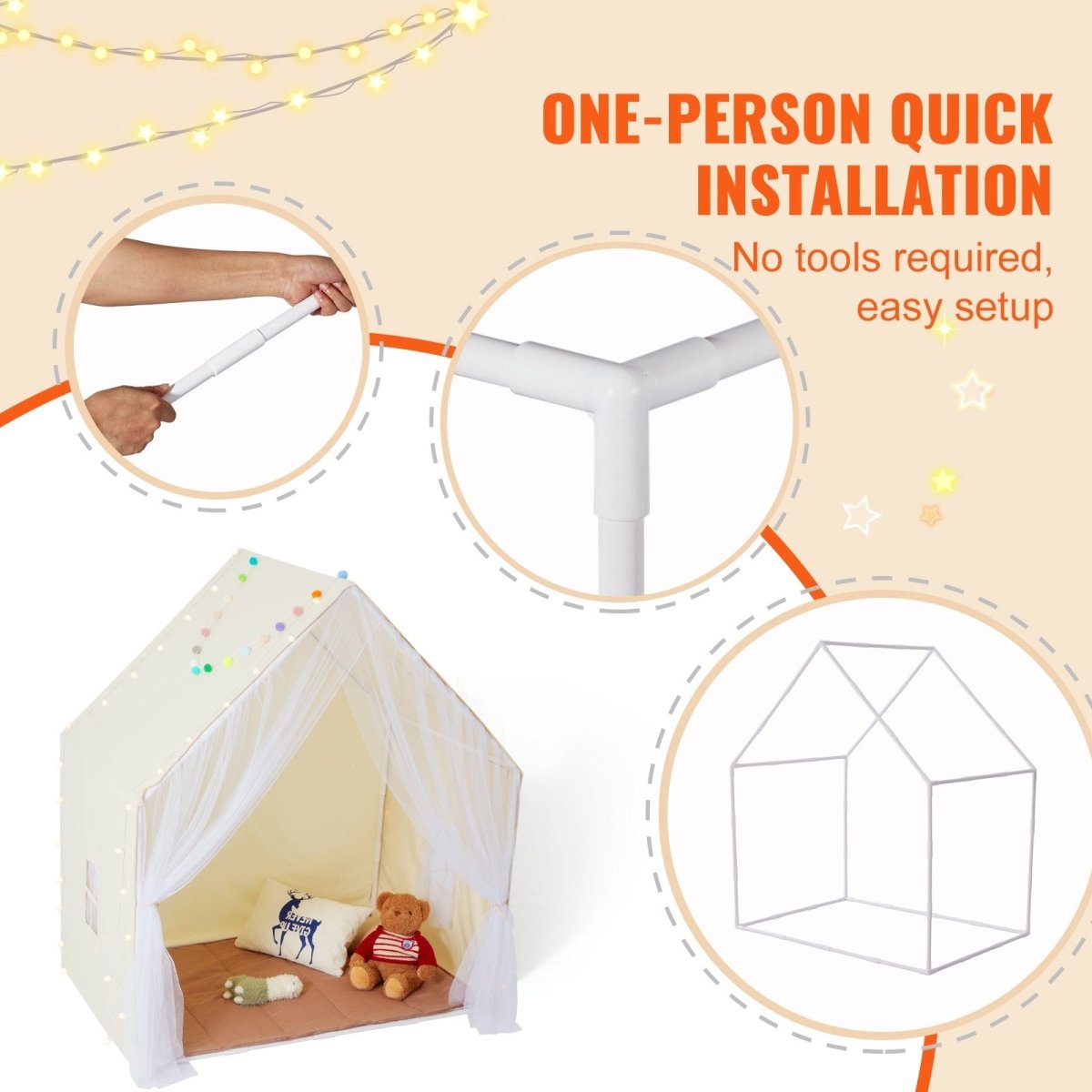VEVOR Kids Play Tent, Kids Tent for Kids 1 - 5 Years Old, Toddler Tent with Mat and Tent Lamp, Tent for Kids with Windows for Indoor and Outdoor, Yurt Tent for Boys and Girls, Beige