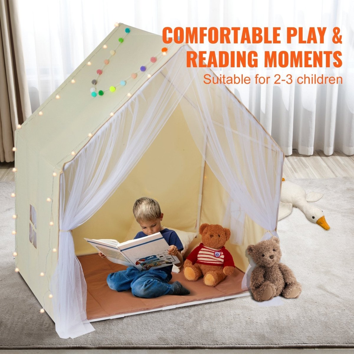 VEVOR Kids Play Tent, Kids Tent for Kids 1 - 5 Years Old, Toddler Tent with Mat and Tent Lamp, Tent for Kids with Windows for Indoor and Outdoor, Yurt Tent for Boys and Girls, Beige
