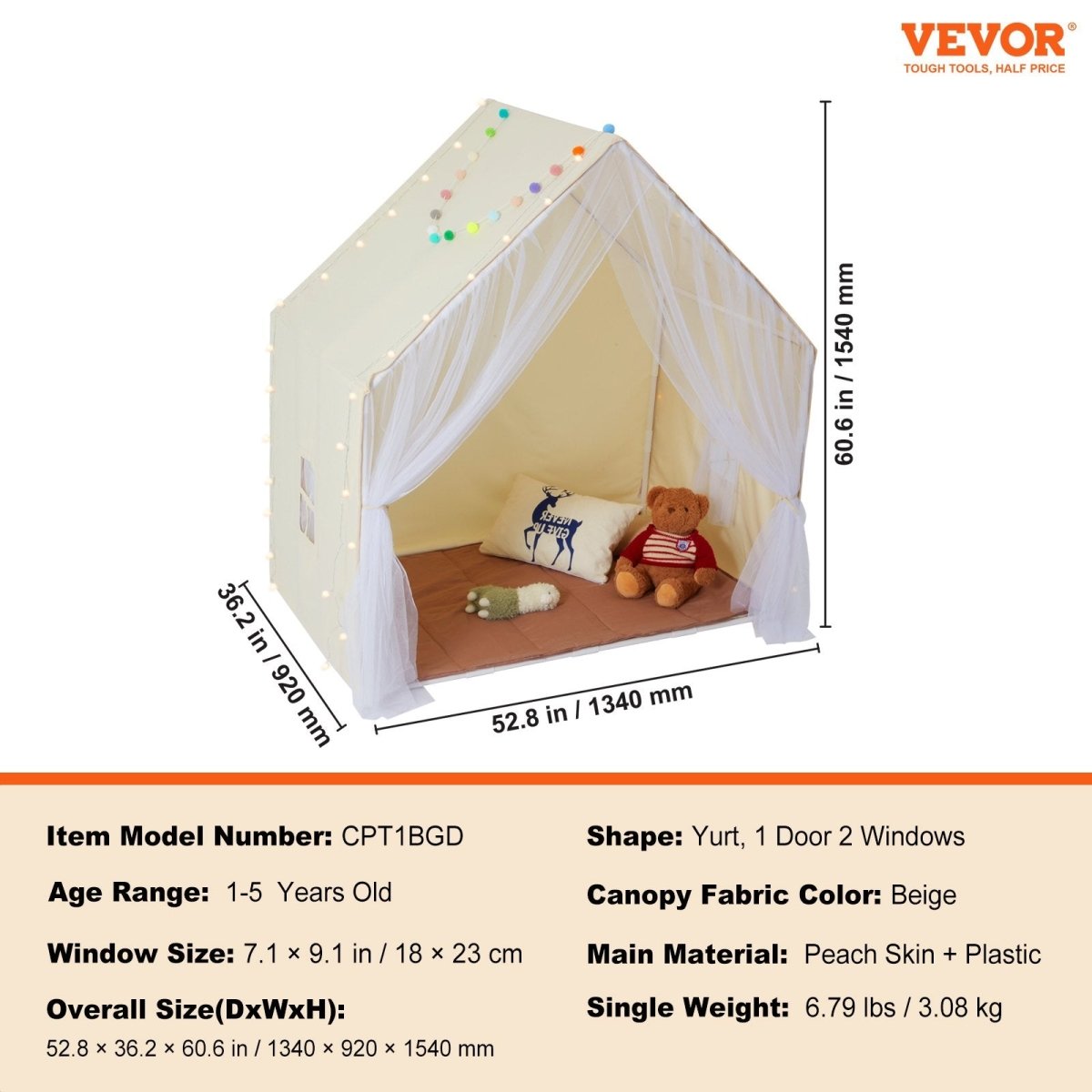 VEVOR Kids Play Tent, Kids Tent for Kids 1 - 5 Years Old, Toddler Tent with Mat and Tent Lamp, Tent for Kids with Windows for Indoor and Outdoor, Yurt Tent for Boys and Girls, Beige