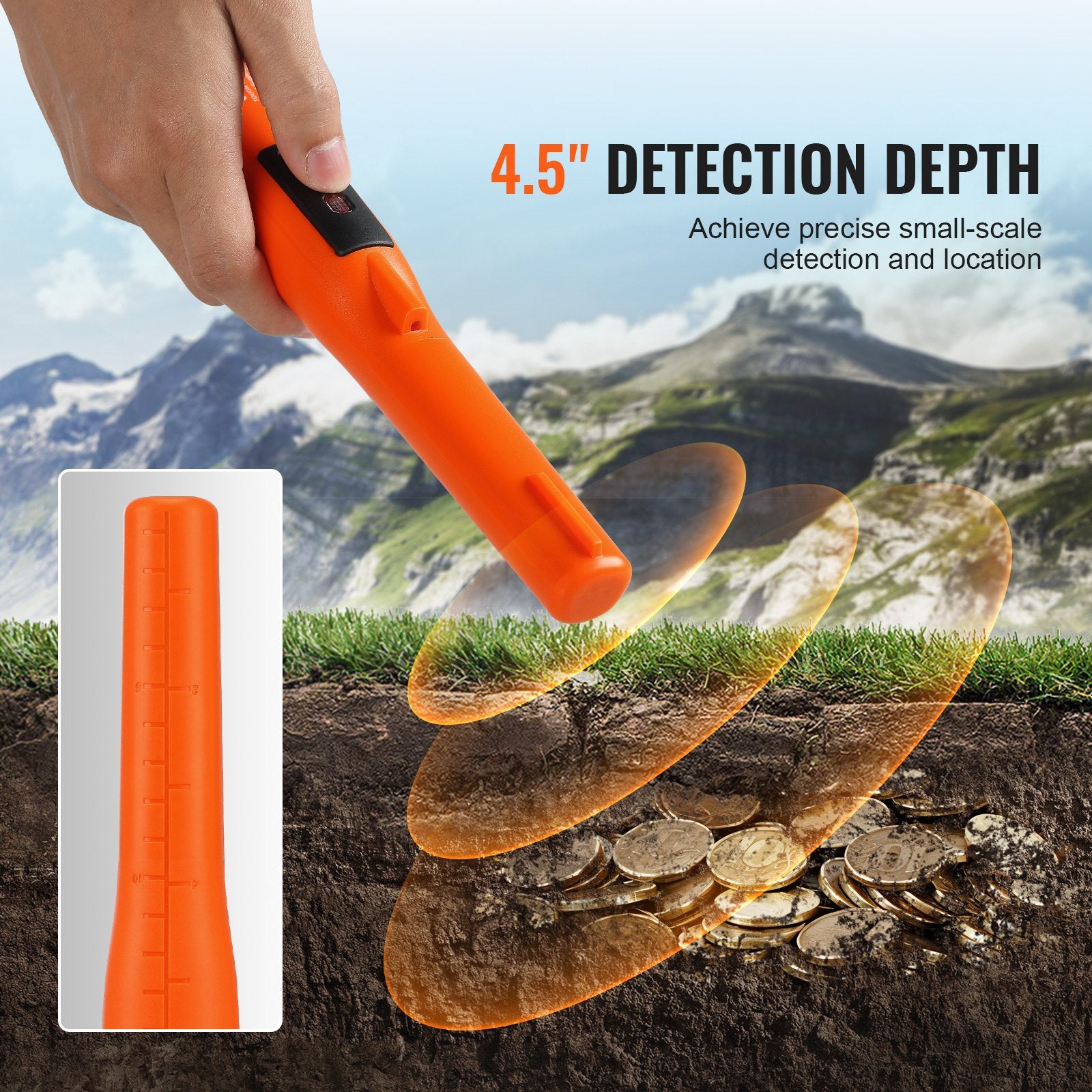 VEVOR Metal Detector Pinpointer, IP68 Fully Waterproof Handheld Pin Pointer Wand, 11.4 cm Detection Depth, 3 Modes, Professional Treasure Hunting Probe with Holster and 9V Battery, for Adults and Kids