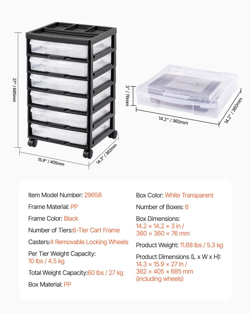 Scrapbook Rolling Storage Cart 6 - Tier Large Capacity with 6 Clear Cases Black