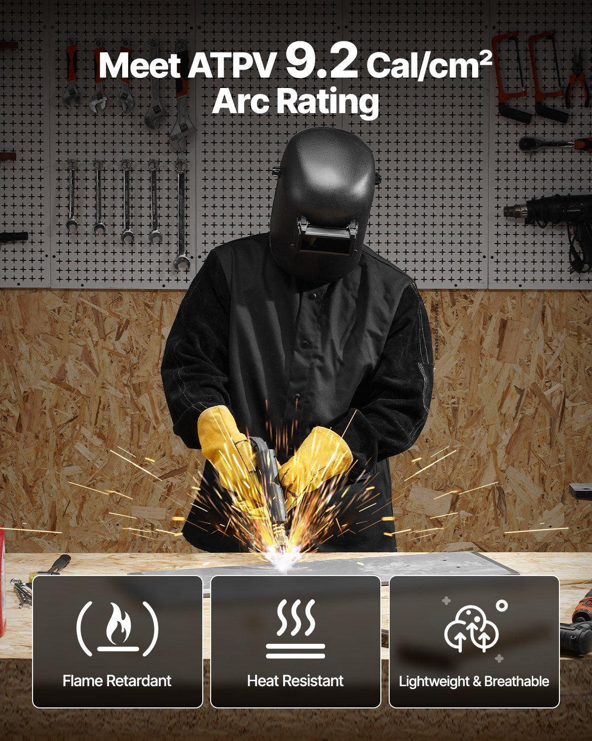 VEVOR FR Welding Jacket XXL Size Heavy Duty Cowhide Leather & 9oz FR Cotton