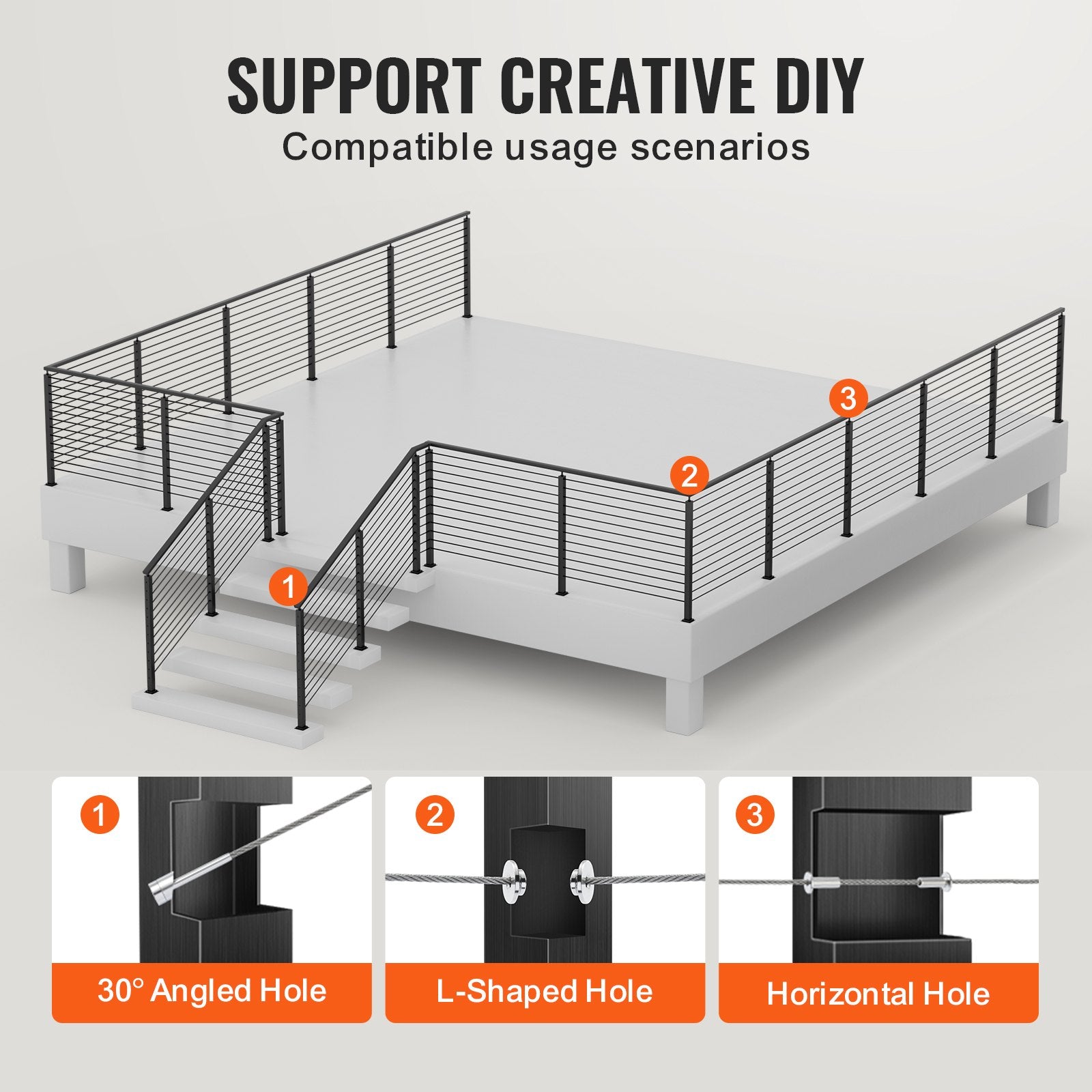 VEVOR Cable Railing Post Level Deck Stair Post 42 x 1.97 x 1.97" Cable Handrail Post Stainless Steel Brushed Finishing Deck Railing Pre-Drilled Pickets with Mounting Bracket Stair Railing Kit Black 106.7*5*5cm