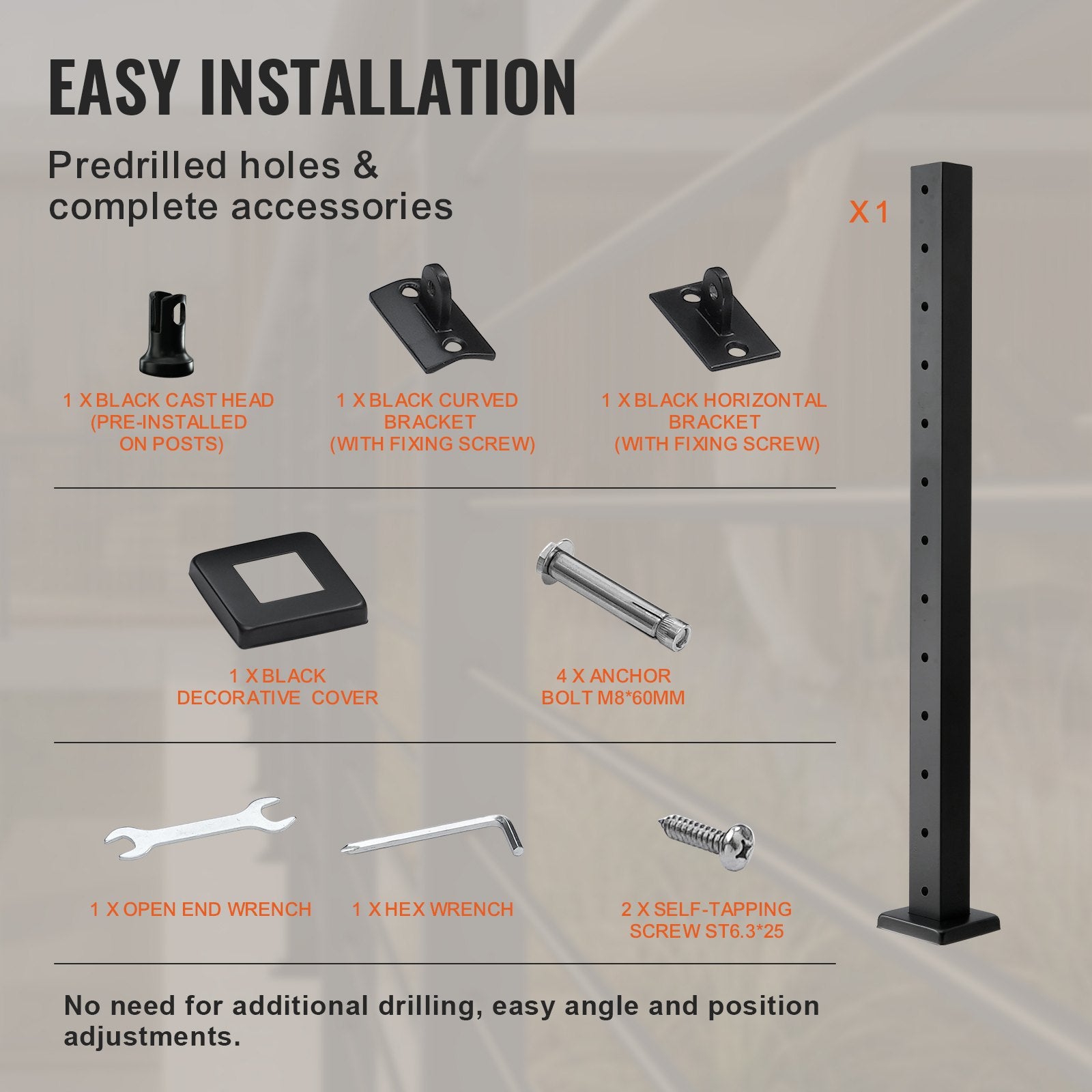 VEVOR Cable Railing Post Level Deck Stair Post 42 x 1.97 x 1.97" Cable Handrail Post Stainless Steel Brushed Finishing Deck Railing Pre-Drilled Pickets with Mounting Bracket Stair Railing Kit Black 106.7*5*5cm