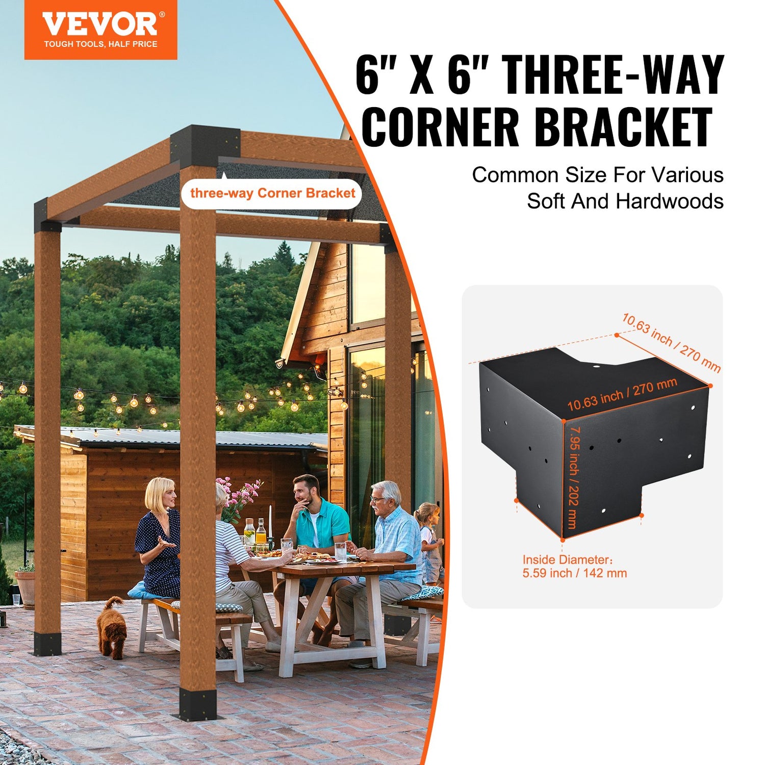 VEVOR Pergola Bracket Kit 152x152mm, 4pcs 3-Way Heavy Duty Corner Bracket Woodworks DIY Post Base Kit, Easy Installation Wooden Beams for Gazebos, Patio Pergolas, Log Cabin Outdoor Pergola Hardware