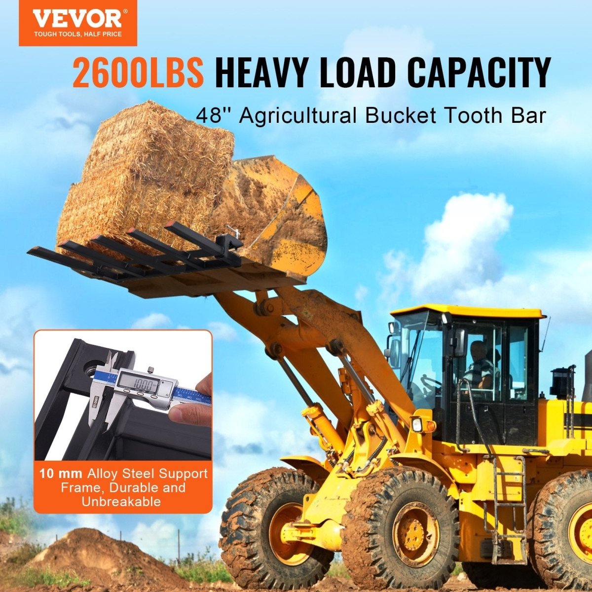 VEVOR Clamp on Debris Forks to 1200 mm Bucket, 1200 kg Capacity Heavy Duty Clamp on Pallet Forks Attachments, Fit for Loader Bucket Skidsteer Tractor to Clean up Fallen Limbs Debris or Yard Wwaste