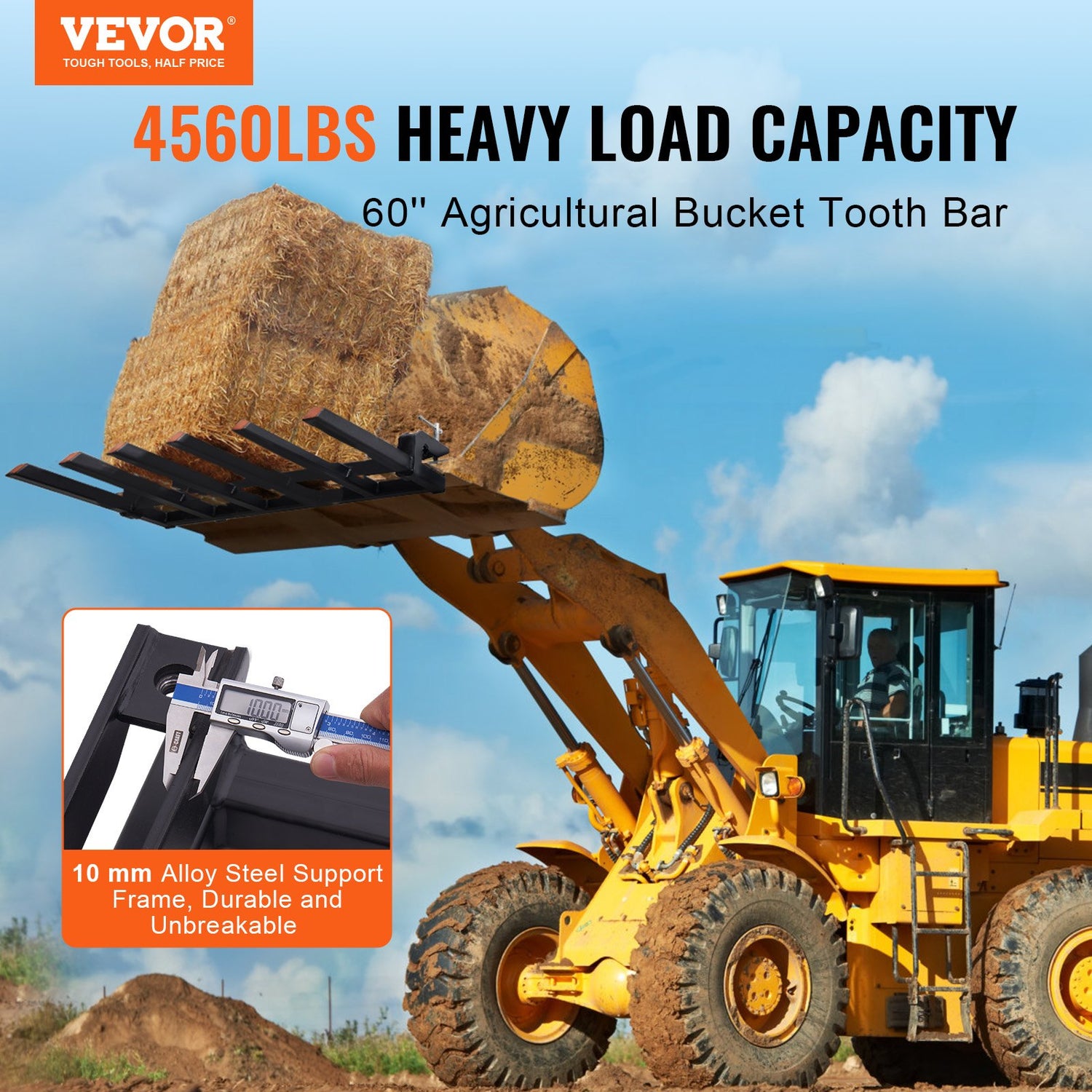 VEVOR Clamp on Debris Forks to 1500 mm Bucket, 2000 kg Capacity Heavy Duty Clamp on Pallet Forks Bucket, Fit for Loader Bucket Skidsteer Tractor to Clean up Fallen Limbs Debris or Yard Wwaste