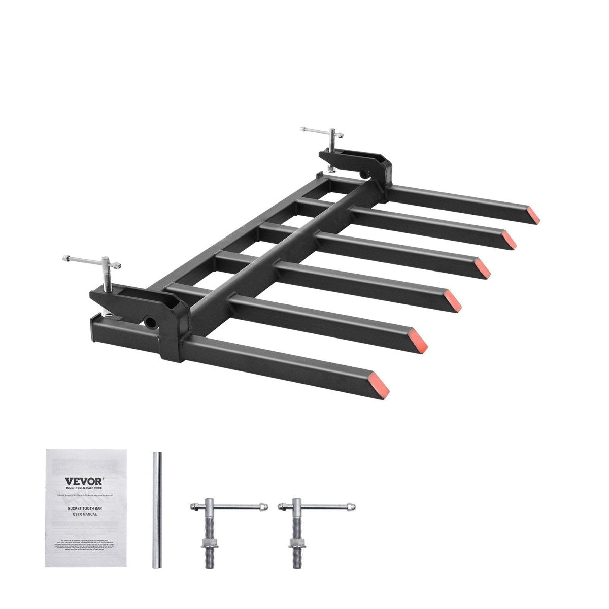VEVOR Clamp on Debris Forks to 1500 mm Bucket, 2000 kg Capacity Heavy Duty Clamp on Pallet Forks Bucket, Fit for Loader Bucket Skidsteer Tractor to Clean up Fallen Limbs Debris or Yard Wwaste