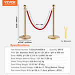 VEVOR Stanchion Post with Velvet Rope, 6-Pack Crowd Control Stanchion with 4PCS 5FT Red Velvet Ropes, Stainless Steel Queue Barrier Line Divider with Fillable Base & Ball Top for Wedding Museum Party