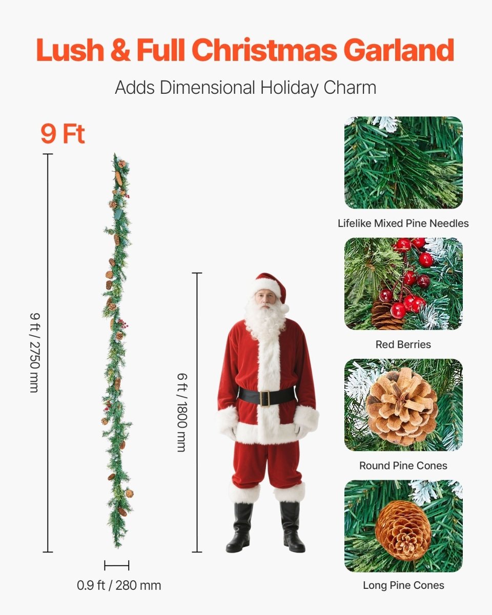 VEVOR Christmas Garland, 2750mm Artificial Christmas Garland with Light String, Faux Greenery Decoration with Berry Clusters, Pine Needles, Pine Cones, Realistic Xmas Collection for Mantel Fireplace