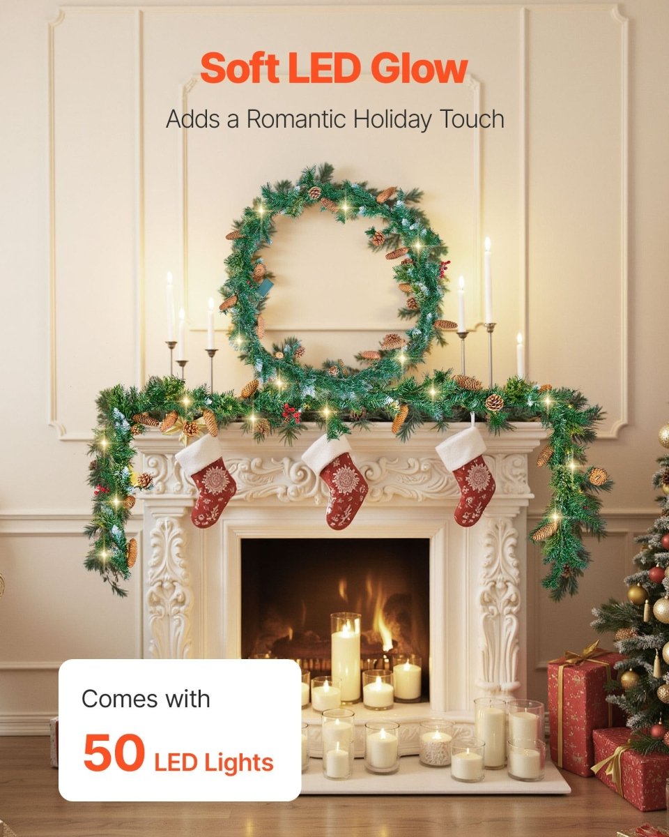 VEVOR Christmas Garland, 2750mm Artificial Christmas Garland with Light String, Faux Greenery Decoration with Berry Clusters, Pine Needles, Pine Cones, Realistic Xmas Collection for Mantel Fireplace