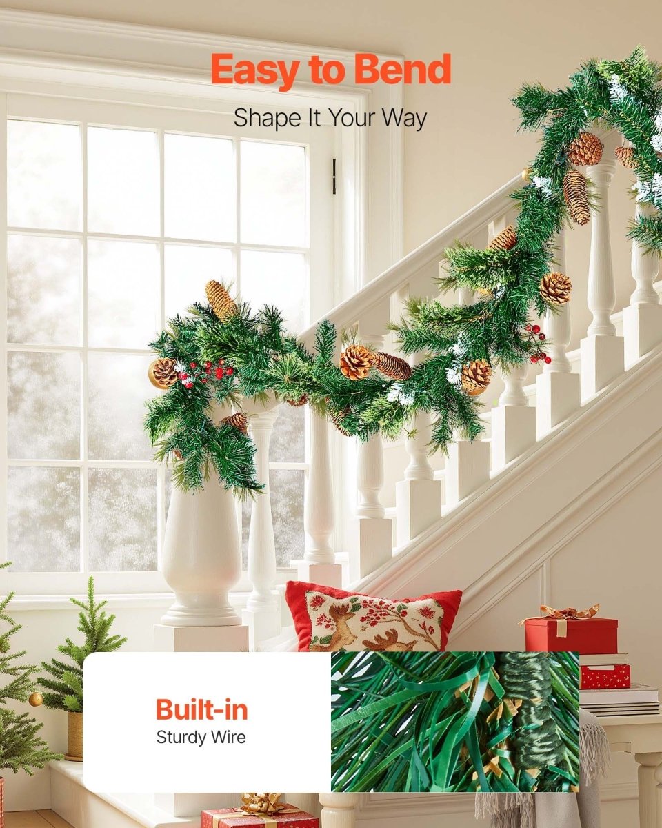 VEVOR Christmas Garland, 2750mm Artificial Christmas Garland with Light String, Faux Greenery Decoration with Berry Clusters, Pine Needles, Pine Cones, Realistic Xmas Collection for Mantel Fireplace