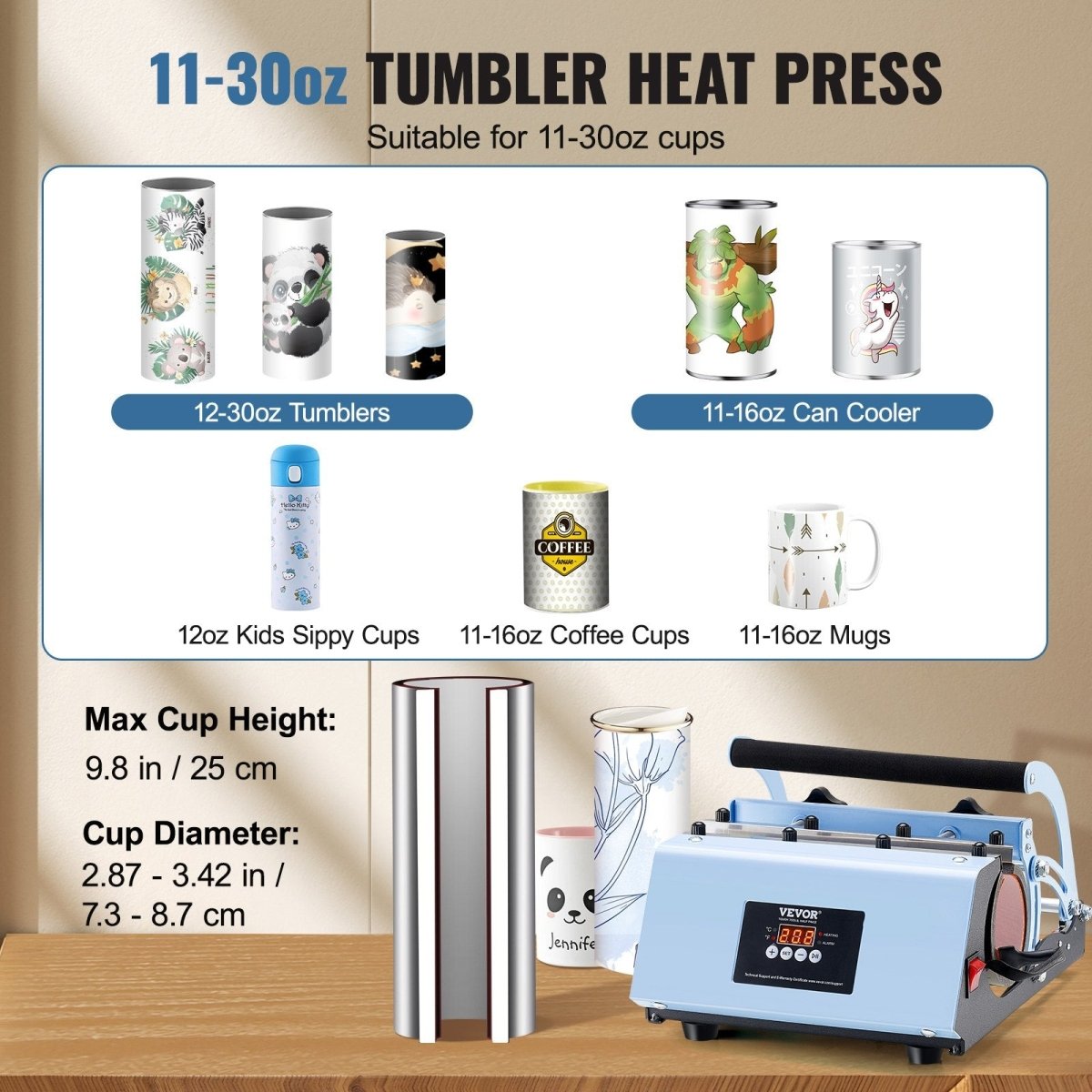 VEVOR Tumbler Heat Press Machine 11 - 30oz Mug Press Sublimation Tumblers Blue