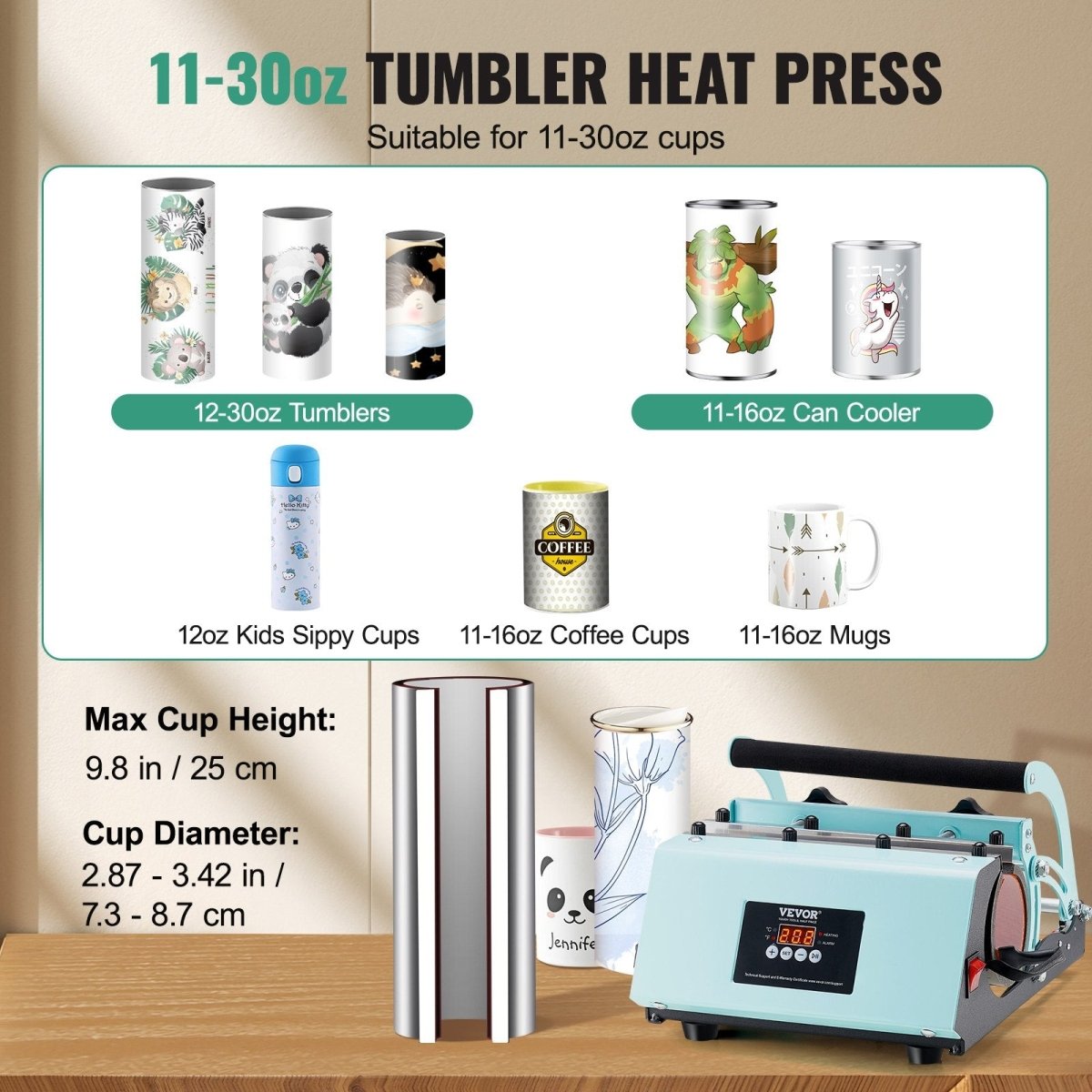 VEVOR Tumbler Heat Press Machine 11 - 30oz Mug Press Sublimation Tumblers Green