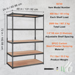 VEVOR Storage Shelving Unit, 5 - Tier Adjustable, 907 kg Capacity, Heavy Duty Garage Shelves Metal Organizer Utility Rack, Black, 122L x 61W x 183H cm for Kitchen Pantry Basement Bathroom Laundry Closet