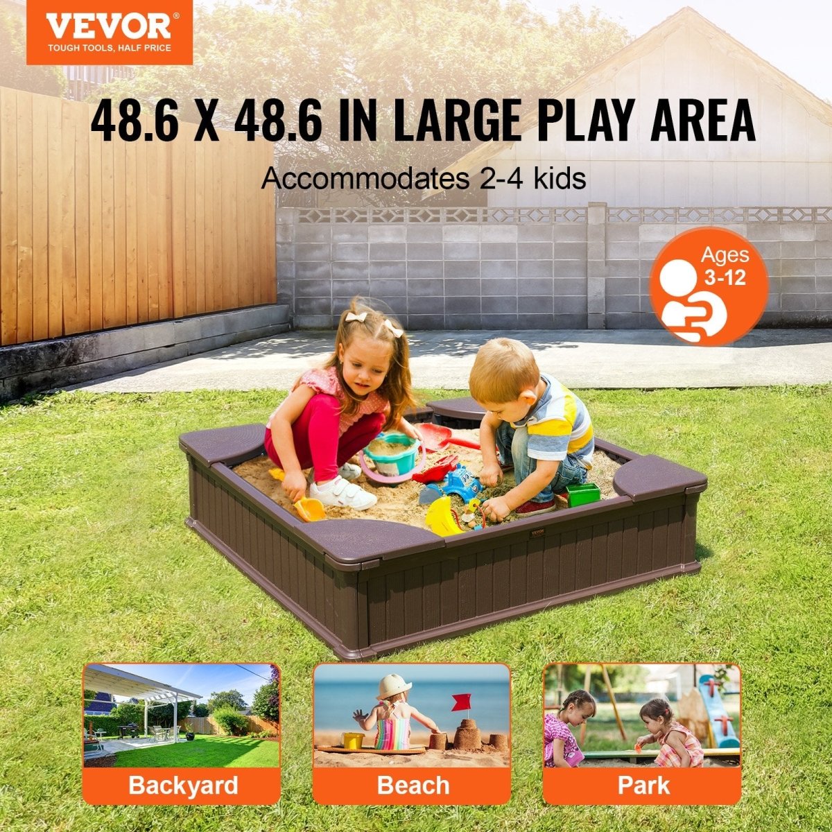 VEVOR Sandbox with Cover, 48.6x48.6x12.4 in Square Sand Box, HDPE Sand Pit with 4 Corner Seating and Bottom Liner, Kids Sandbox for Outdoor Backyard, Beach, Park, Gift for Boys Girls Ages 3 - 12, Brown