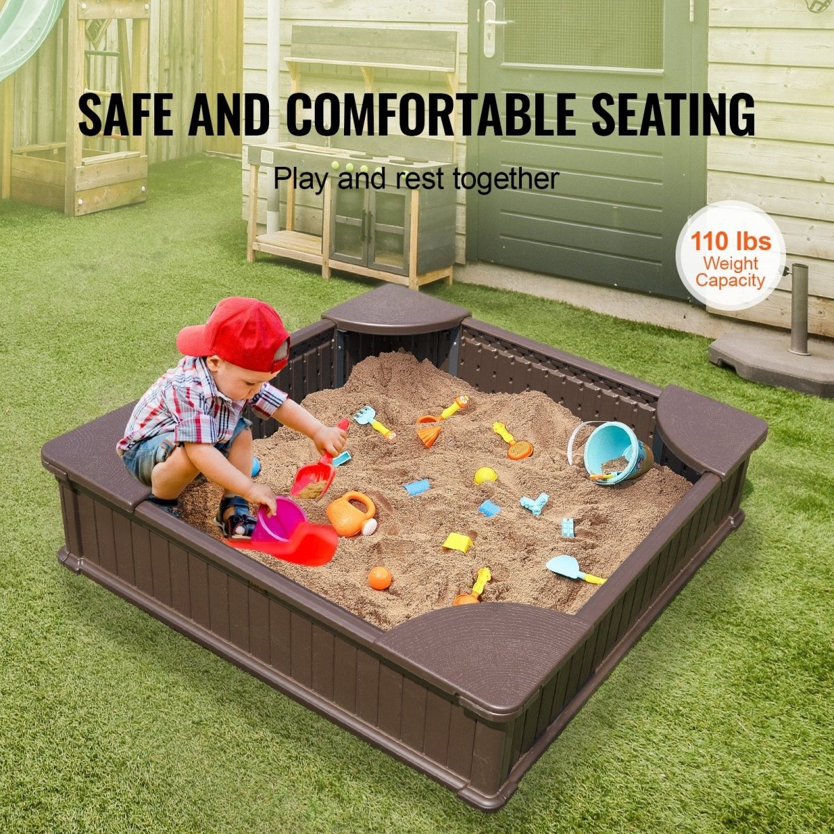 VEVOR Sandbox with Cover, 48.6x48.6x12.4 in Square Sand Box, HDPE Sand Pit with 4 Corner Seating and Bottom Liner, Kids Sandbox for Outdoor Backyard, Beach, Park, Gift for Boys Girls Ages 3 - 12, Brown