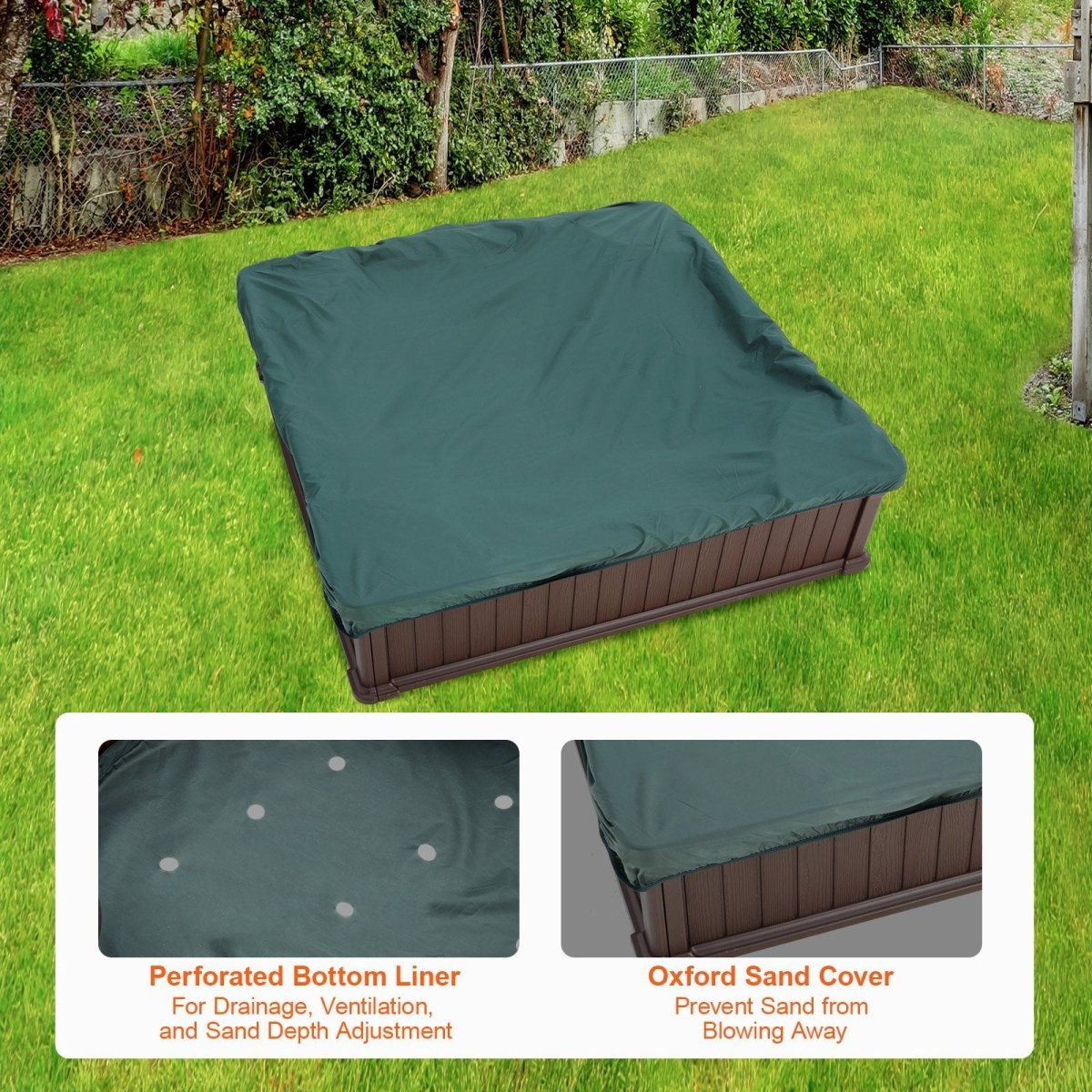 VEVOR Sandbox with Cover, 48.6x48.6x12.4 in Square Sand Box, HDPE Sand Pit with 4 Corner Seating and Bottom Liner, Kids Sandbox for Outdoor Backyard, Beach, Park, Gift for Boys Girls Ages 3 - 12, Brown