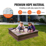 VEVOR Sandbox with Cover, 48.6x48.6x12.4 in Square Sand Box, HDPE Sand Pit with 4 Corner Seating and Bottom Liner, Kids Sandbox for Outdoor Backyard, Beach, Park, Gift for Boys Girls Ages 3 - 12, Brown