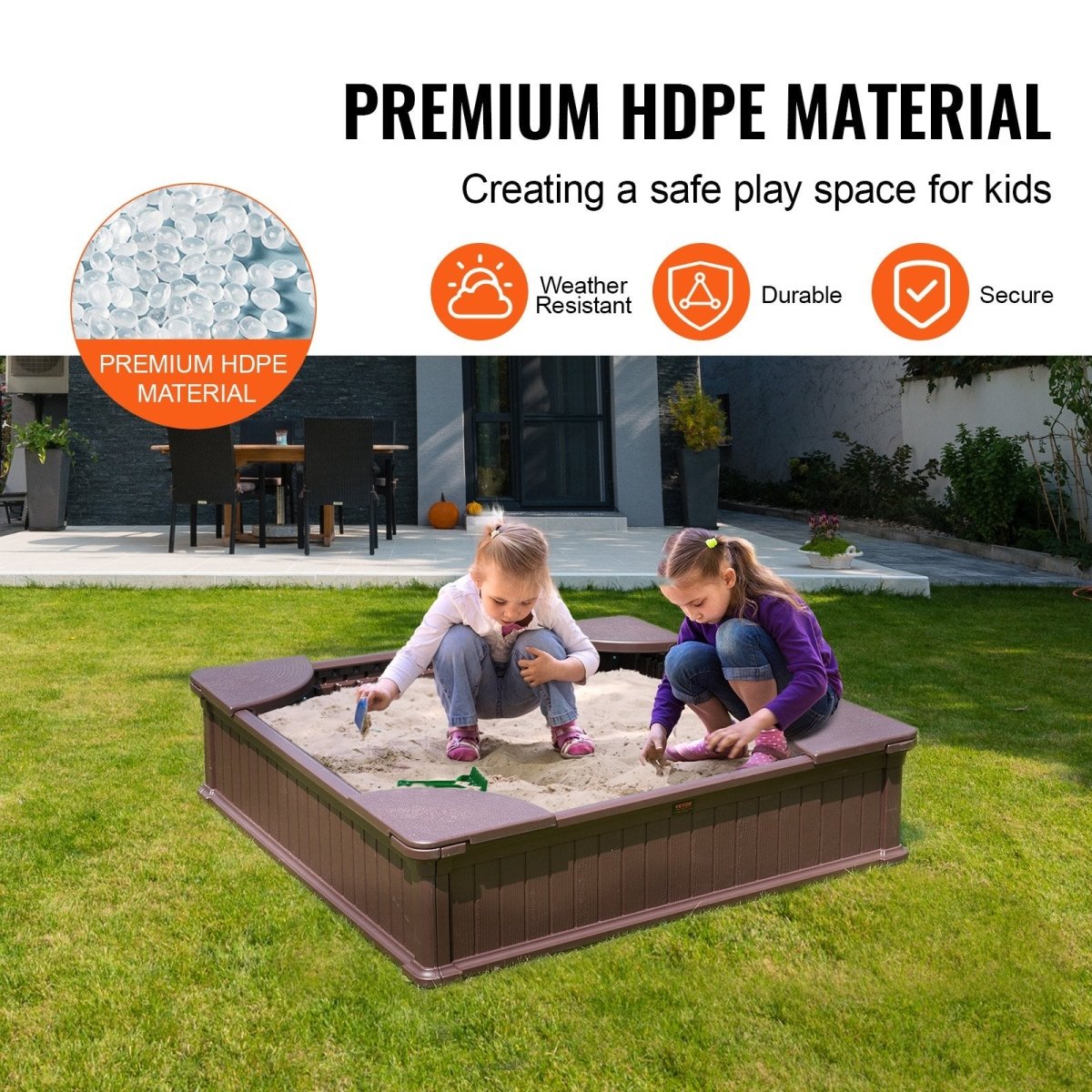 VEVOR Sandbox with Cover, 48.6x48.6x12.4 in Square Sand Box, HDPE Sand Pit with 4 Corner Seating and Bottom Liner, Kids Sandbox for Outdoor Backyard, Beach, Park, Gift for Boys Girls Ages 3 - 12, Brown