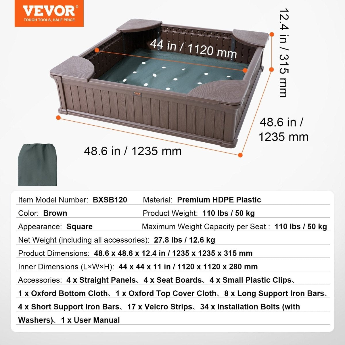 VEVOR Sandbox with Cover, 48.6x48.6x12.4 in Square Sand Box, HDPE Sand Pit with 4 Corner Seating and Bottom Liner, Kids Sandbox for Outdoor Backyard, Beach, Park, Gift for Boys Girls Ages 3 - 12, Brown