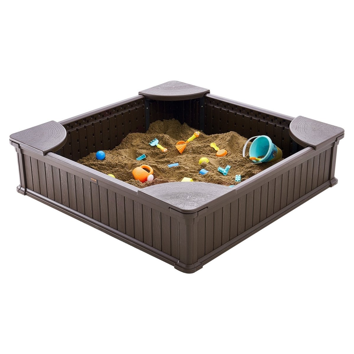 VEVOR Sandbox with Cover, 48.6x48.6x12.4 in Square Sand Box, HDPE Sand Pit with 4 Corner Seating and Bottom Liner, Kids Sandbox for Outdoor Backyard, Beach, Park, Gift for Boys Girls Ages 3 - 12, Brown
