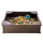 VEVOR Sandbox with Cover, 48.6x48.6x12.4 in Square Sand Box, HDPE Sand Pit with 4 Corner Seating and Bottom Liner, Kids Sandbox for Outdoor Backyard, Beach, Park, Gift for Boys Girls Ages 3 - 12, Brown