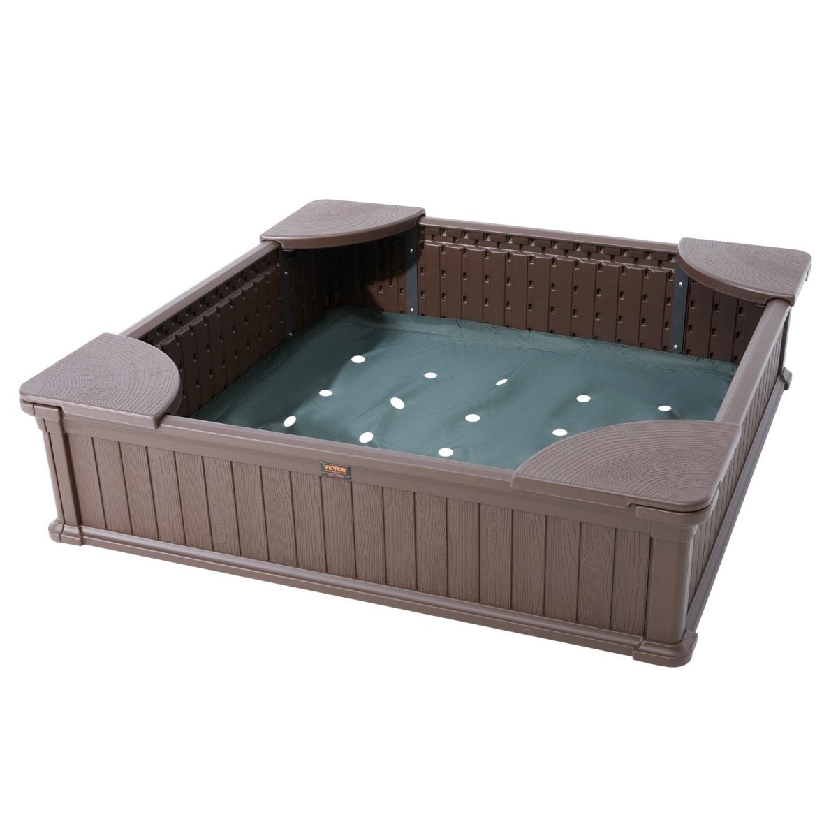 VEVOR Sandbox with Cover, 48.6x48.6x12.4 in Square Sand Box, HDPE Sand Pit with 4 Corner Seating and Bottom Liner, Kids Sandbox for Outdoor Backyard, Beach, Park, Gift for Boys Girls Ages 3 - 12, Brown