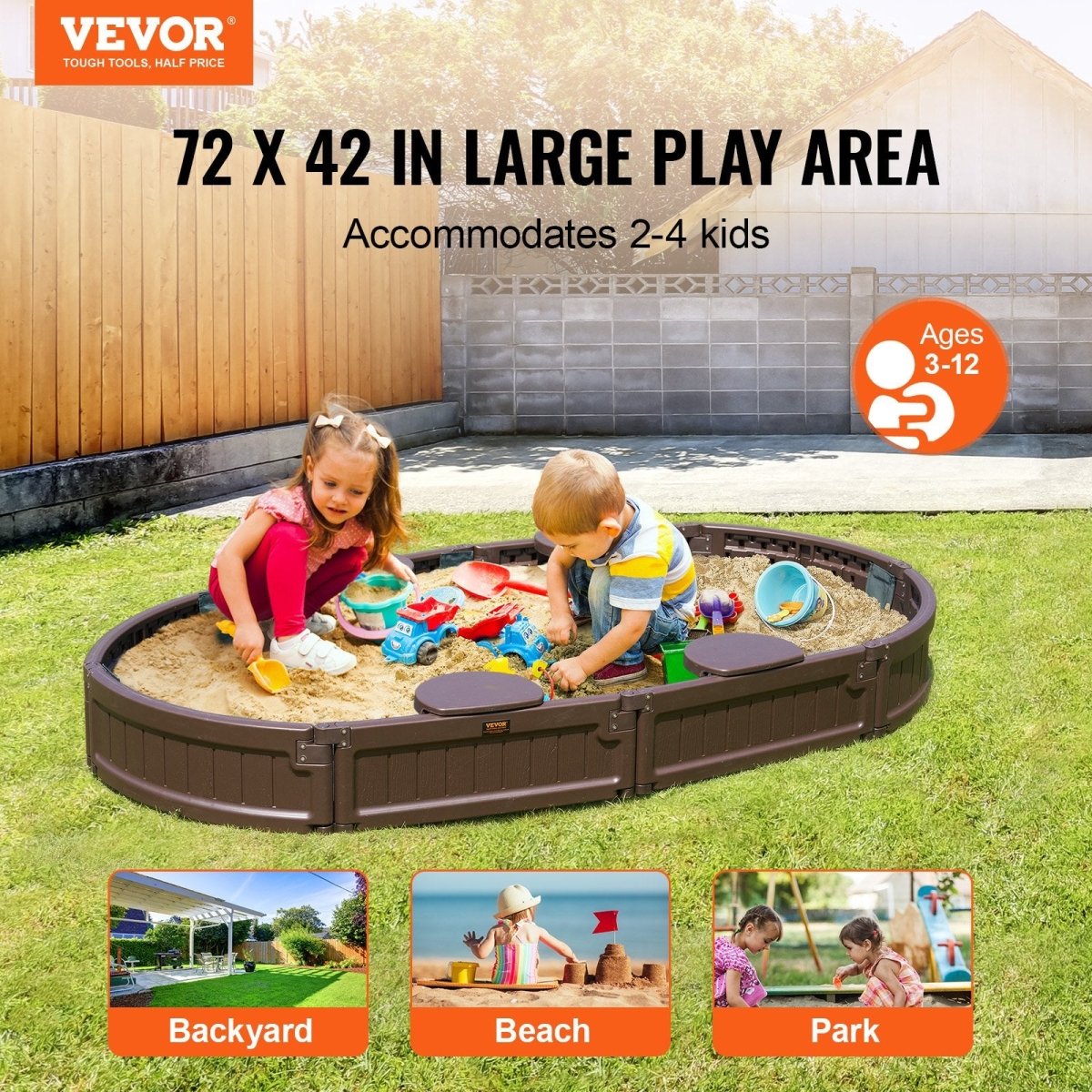 VEVOR Sandbox with Cover, 72 x 41.5 x 9.1 in Oval Sand Box, HDPE Sand Pit with 4 Corner Seating and Bottom Liner, Kids Sandbox for Outdoor Backyard, Beach, Park, Gift for Boys Girls Ages 3 - 12, Brown