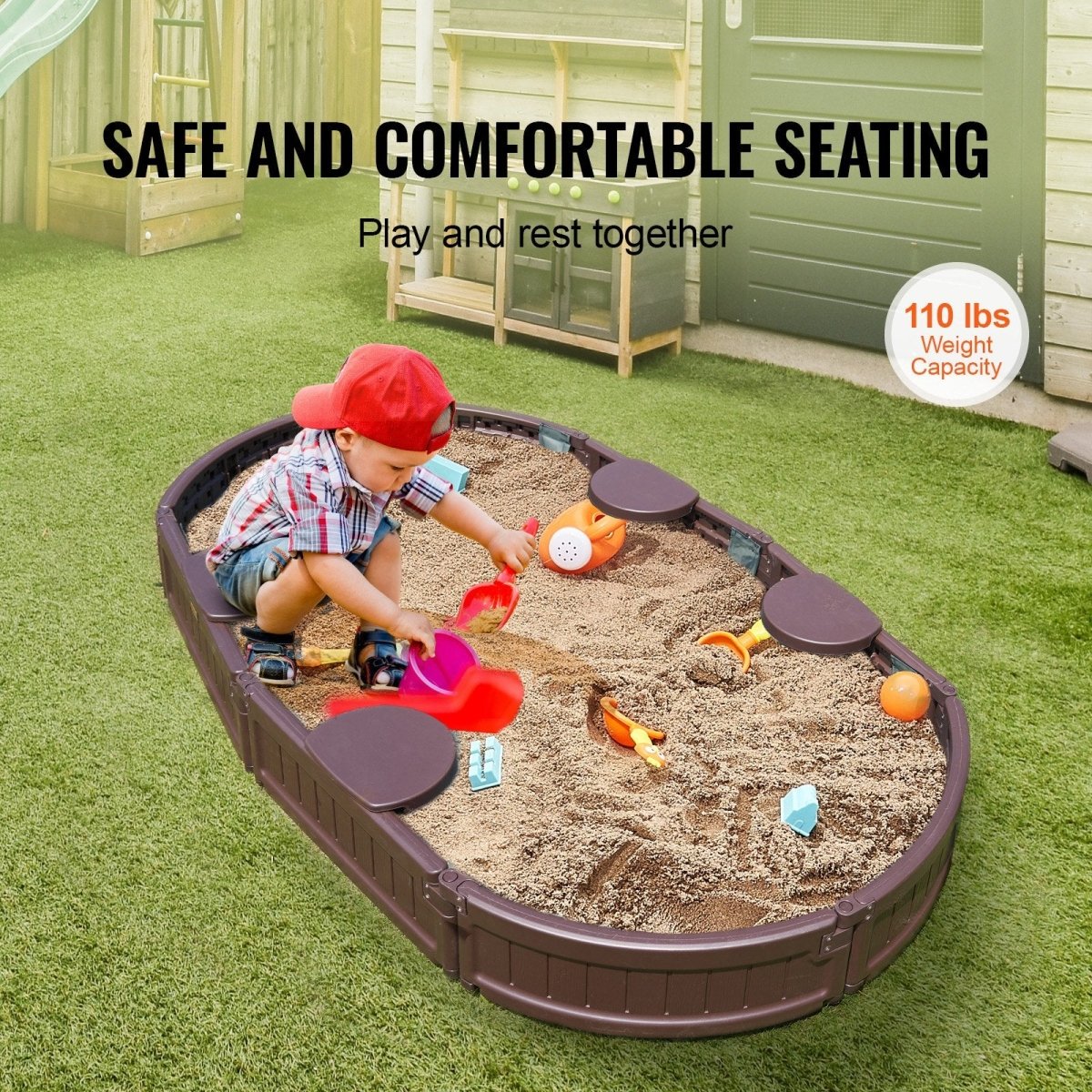 VEVOR Sandbox with Cover, 72 x 41.5 x 9.1 in Oval Sand Box, HDPE Sand Pit with 4 Corner Seating and Bottom Liner, Kids Sandbox for Outdoor Backyard, Beach, Park, Gift for Boys Girls Ages 3 - 12, Brown