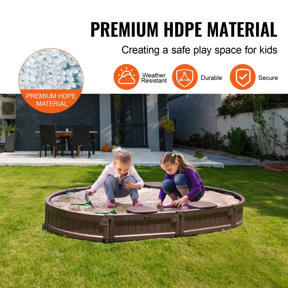 VEVOR Sandbox with Cover, 72 x 41.5 x 9.1 in Oval Sand Box, HDPE Sand Pit with 4 Corner Seating and Bottom Liner, Kids Sandbox for Outdoor Backyard, Beach, Park, Gift for Boys Girls Ages 3 - 12, Brown
