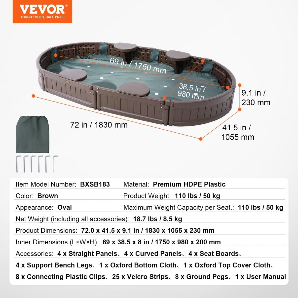 VEVOR Sandbox with Cover, 72 x 41.5 x 9.1 in Oval Sand Box, HDPE Sand Pit with 4 Corner Seating and Bottom Liner, Kids Sandbox for Outdoor Backyard, Beach, Park, Gift for Boys Girls Ages 3 - 12, Brown