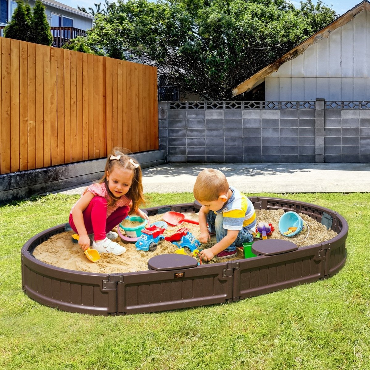 VEVOR Sandbox with Cover, 72 x 41.5 x 9.1 in Oval Sand Box, HDPE Sand Pit with 4 Corner Seating and Bottom Liner, Kids Sandbox for Outdoor Backyard, Beach, Park, Gift for Boys Girls Ages 3 - 12, Brown