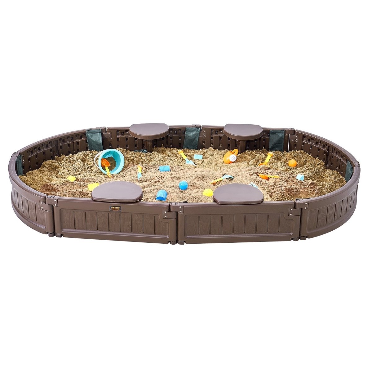 VEVOR Sandbox with Cover, 72 x 41.5 x 9.1 in Oval Sand Box, HDPE Sand Pit with 4 Corner Seating and Bottom Liner, Kids Sandbox for Outdoor Backyard, Beach, Park, Gift for Boys Girls Ages 3 - 12, Brown