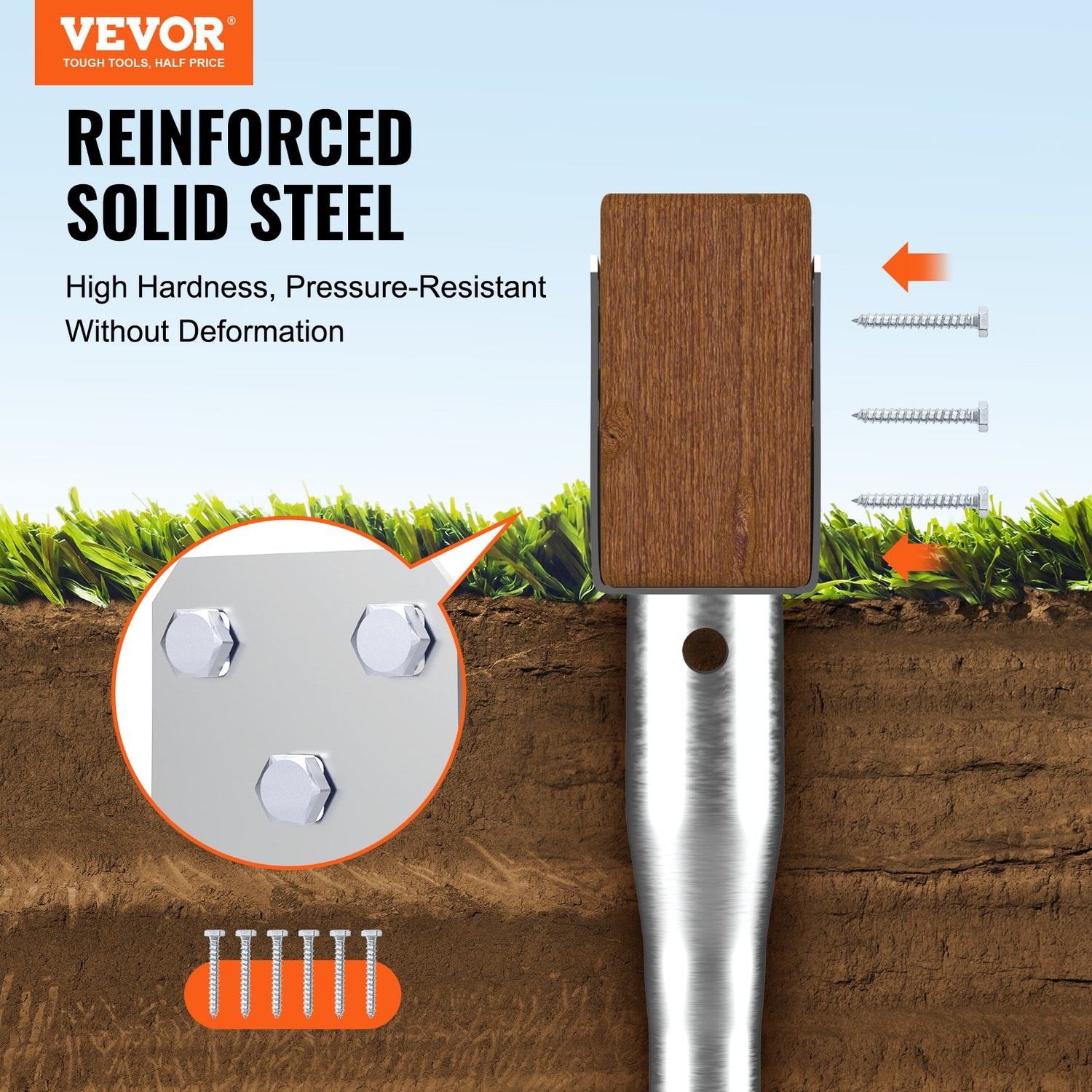 VEVOR No Dig Ground Anchor, 1 Pack 10 x 7 x 70 cm DIY Screw in Post Stake, Includes 6 Lag Bolts & a Rebar, U-Shape Heavy Duty Steel Post Holder, Great for Mailbox Posts and Fence Posts