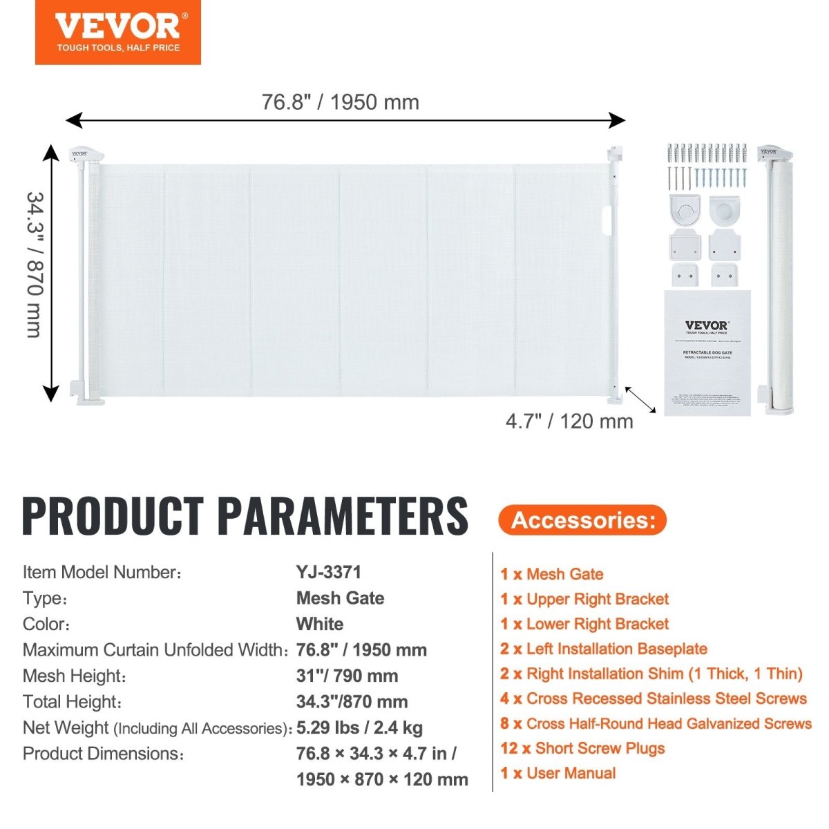 VEVOR Retractable Baby Gate, 34.2" Tall Mesh Baby Gate, Extends up to 76.8" Wide Retractable Gate for Kids or Pets, Retractable Dog Gates for Indoor Stairs, Doorways, Hallways, Playrooms, White