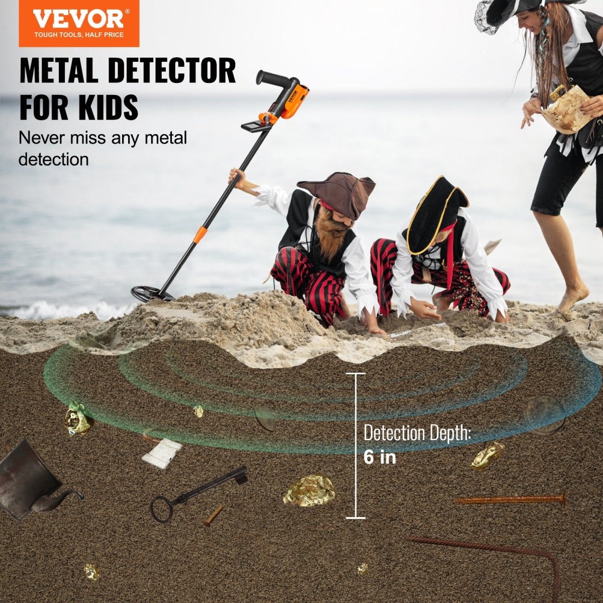 VEVOR Metal Detector for Kids, 150mm, Waterproof Search Coil with LCD Display, Adjustable 660.4 - 914.4 mm Gold Detector, Lightweight Carbon Fiber Stem for Junior & Youth Detecting Gold Coin Treasure