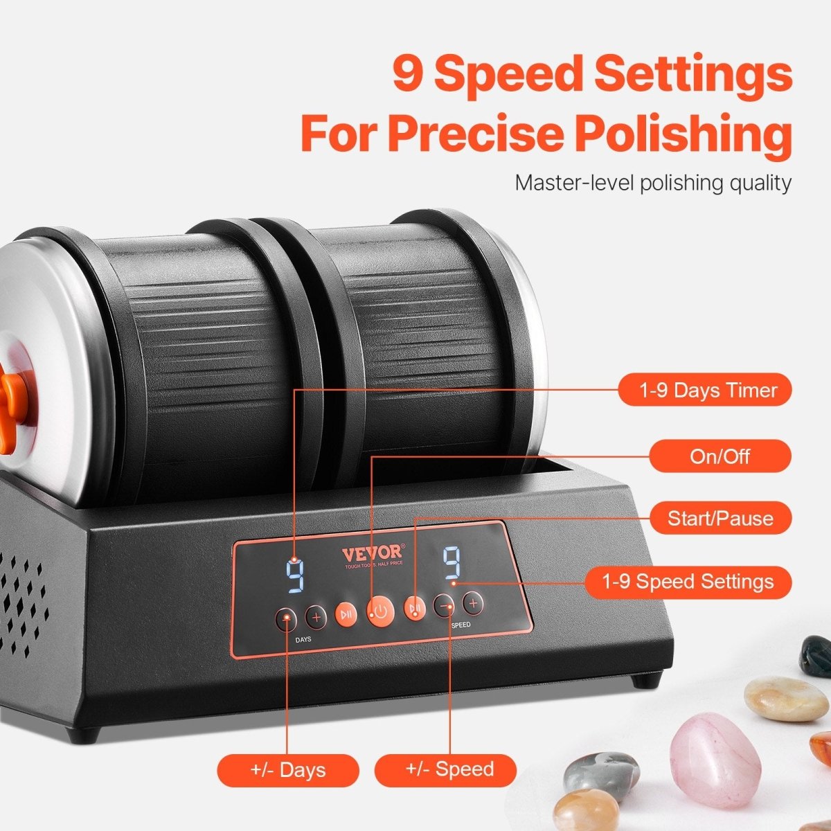 Rock Tumbler Machine 8 lbs Rock Polishing Kit 9 Speed 9 - Day Timer Dual Barrels