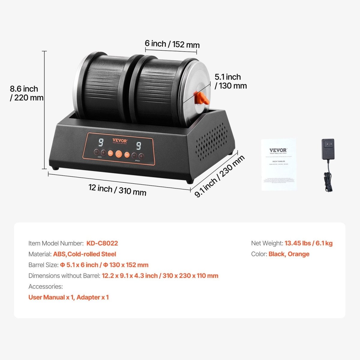 Rock Tumbler Machine 8 lbs Rock Polishing Kit 9 Speed 9 - Day Timer Dual Barrels
