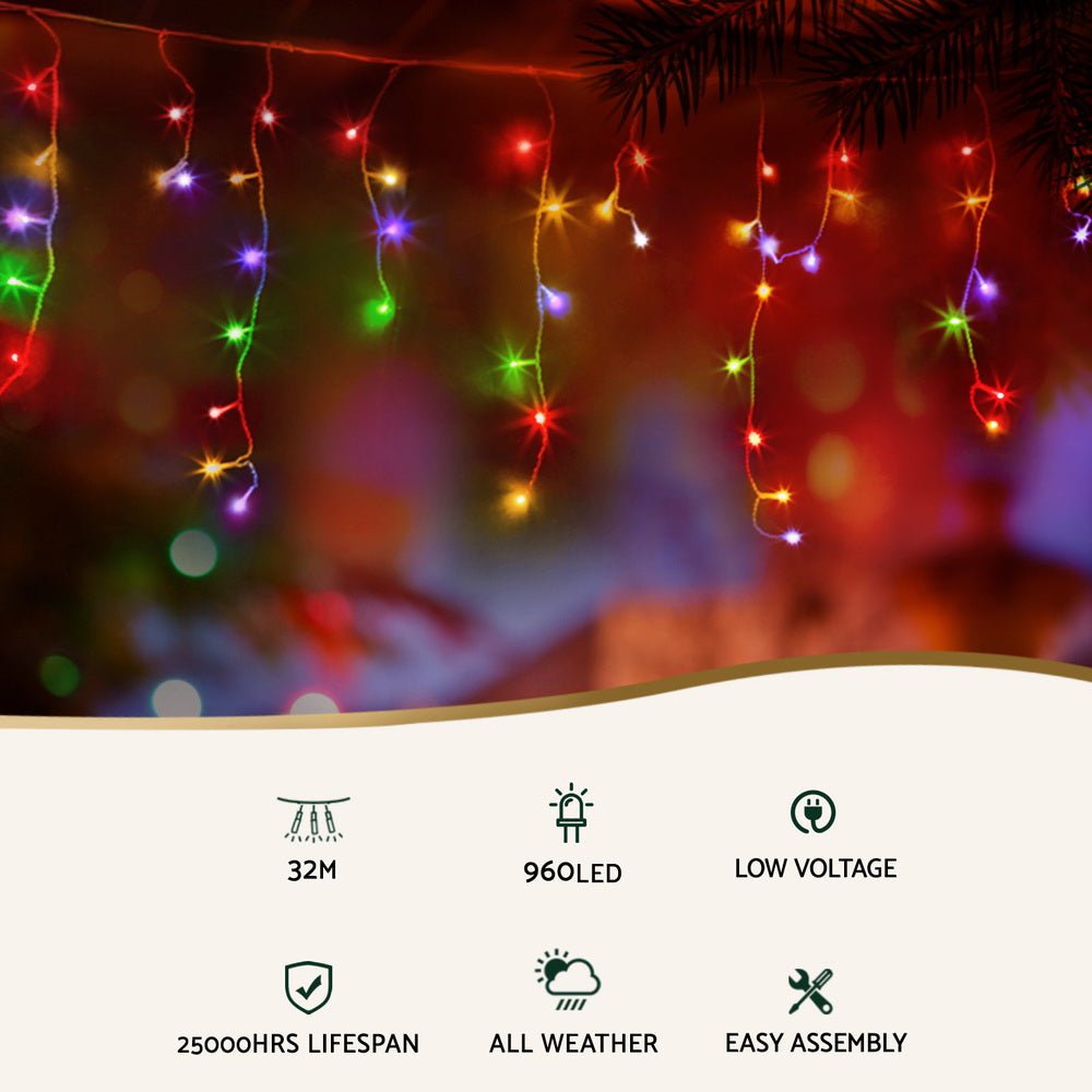 32M Christmas Lights Icicle Light 960 LED Multi - coloured Jingle Jollys