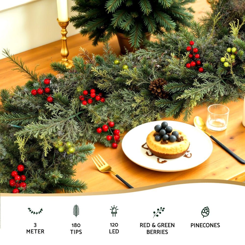 Jingle Jollys 3M Christmas Garland Pre - lit LED with Pine Cones Xmas Decor Green