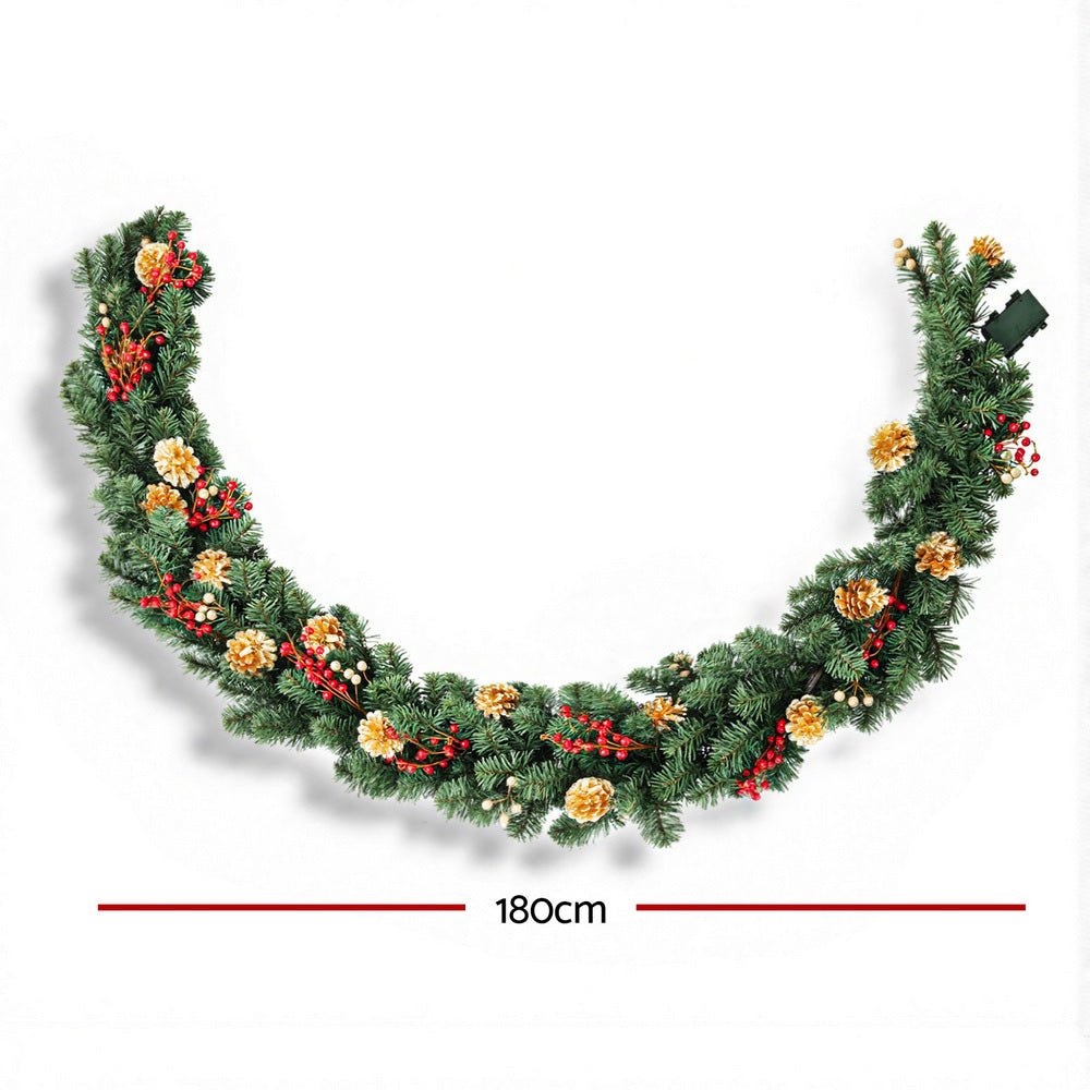 Jingle Jollys 1.8M Christmas Garland Pre - lit LED Pine Cones Berries Xmas Decor